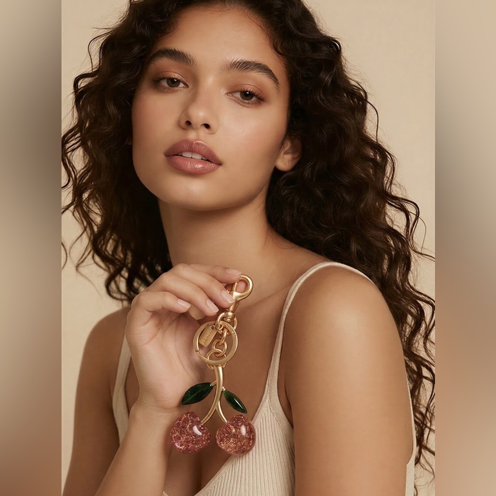 Coach Gold-Tone Cherry Cluster Bag Charm with Pink Glass & Green Enamel Leaves